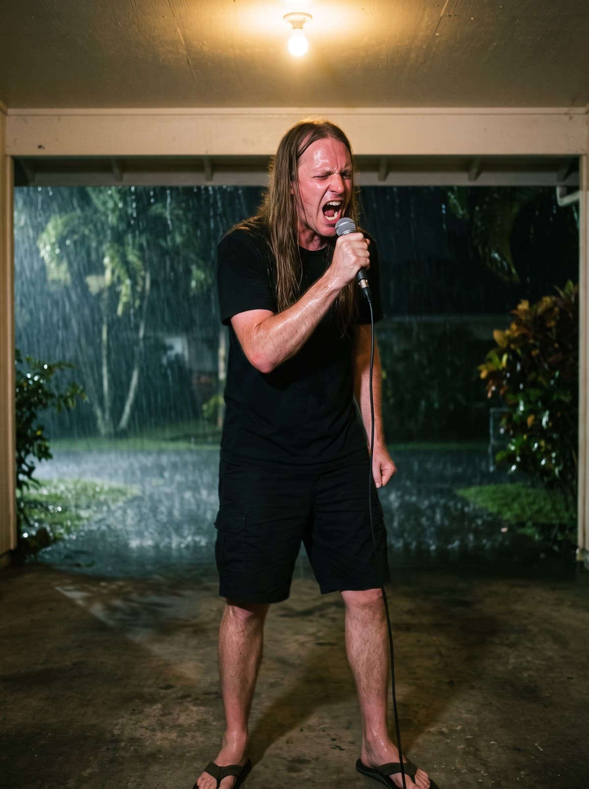 A tall long-haired singer in a black T-shirt, cargo shorts and rubber slippers screams into a microphone under a single bulb, rain falling behind him