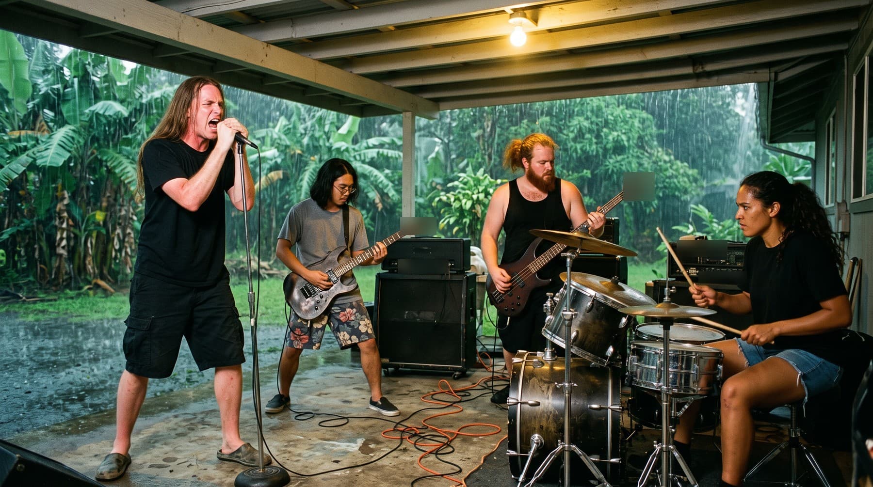 Four musicians play in an open carport at night in heavy rain, a singer in black shorts at the microphone, a guitarist in glasses, a bearded bassist and a woman at the drums, banana trees behind them