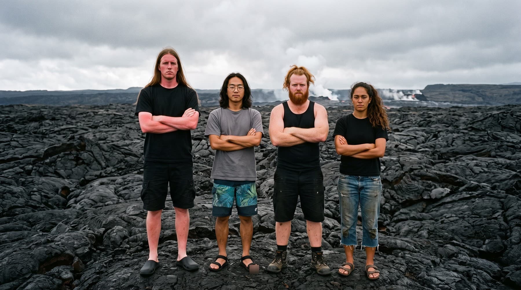 The four band members stand with arms crossed on a black lava field under a grey sky, steam rising from the flow behind them